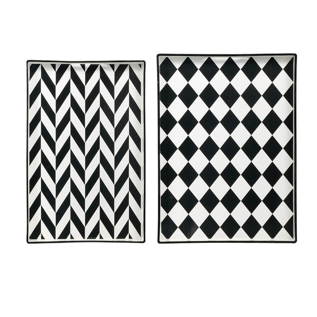 Black & White Patterned Rectangular Trays Set of 2 Plastic Nesting