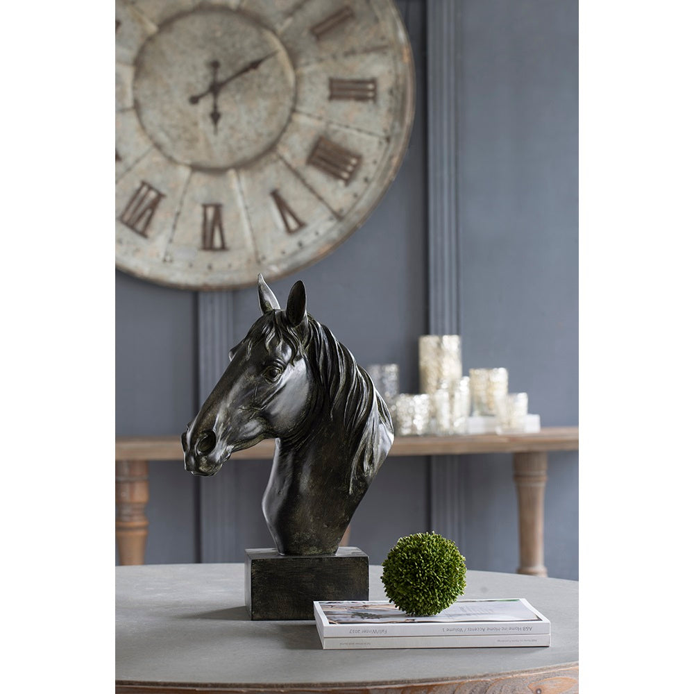 Horse Head Statue on Base Dark Polyresin Sculpture - 40 cm