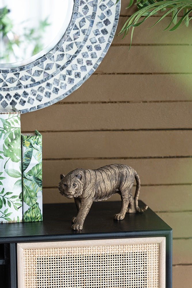 Tiger Statue Polyresin Home Decor Copper Finish - 29 cm