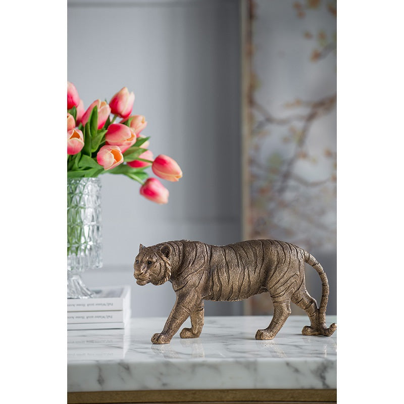 Tiger Statue Polyresin Home Decor Copper Finish - 29 cm