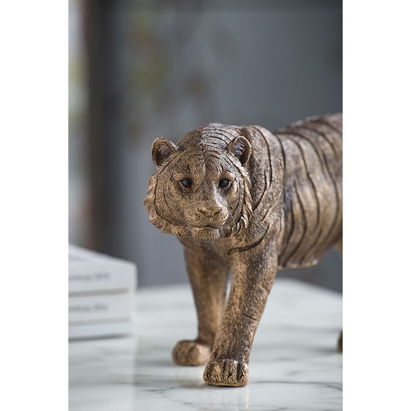 Tiger Statue Polyresin Home Decor Copper Finish - 29 cm