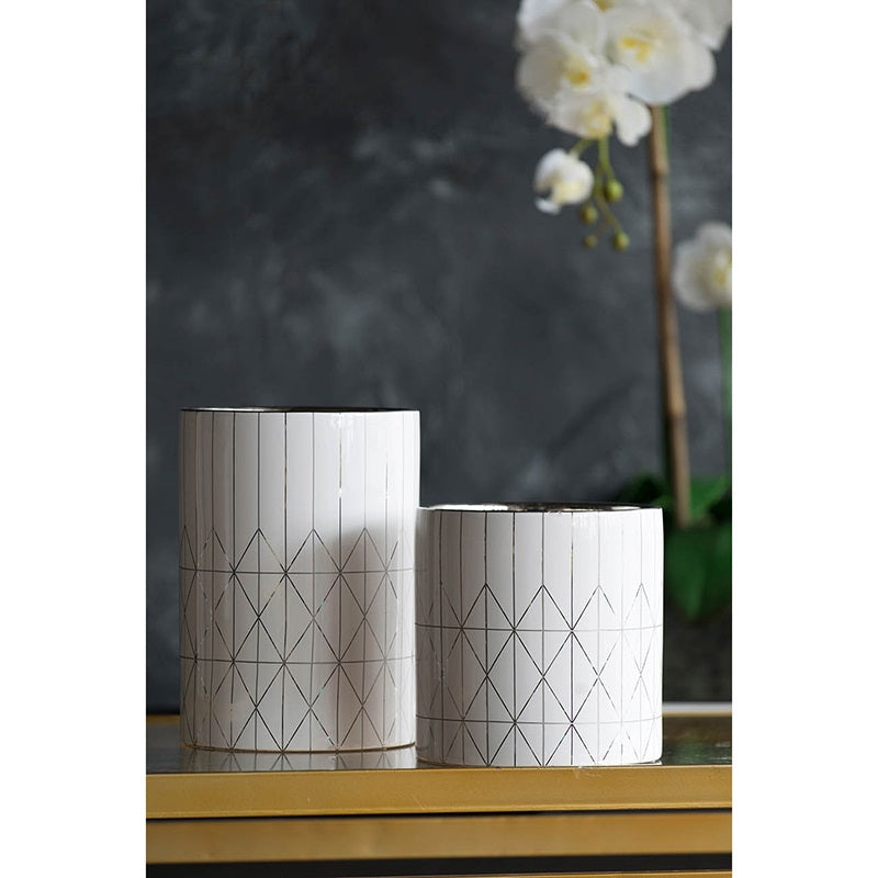 Geo Ceramic Planter Modern Diamond Pattern Cylindrical Pot - 16 cm