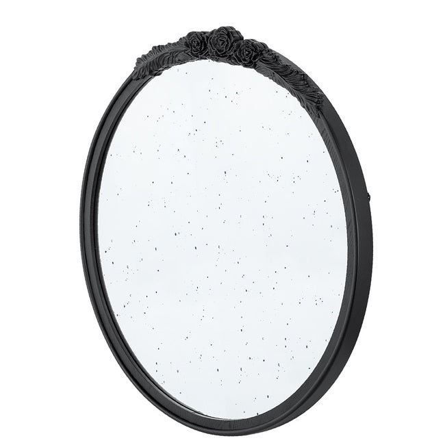 Bingley Hand-Carved Rose Round Mirror Elegant Black Frame with Antiqued Glass - 74 cm