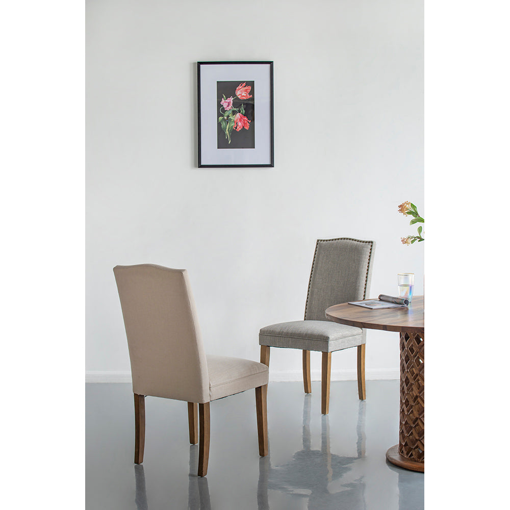 Set of 2 Studded Armless Dining Chairs Upholstered Cushioned Seating - Beige