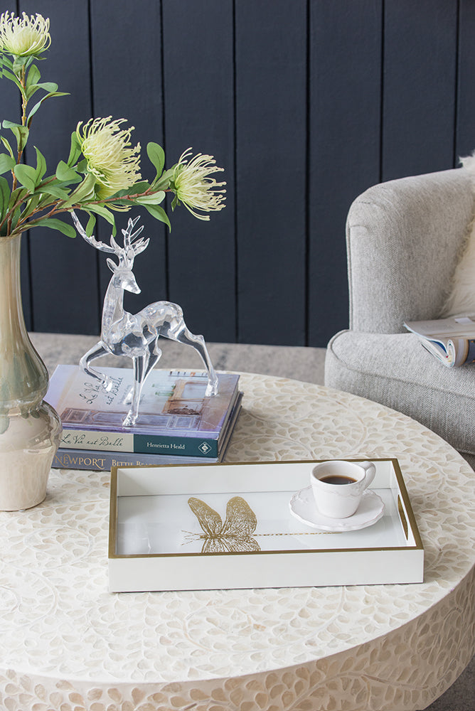 Dragonfly Serving Tray 40cm Wooden Acrylic Accent with Gold Dragonfly Motif