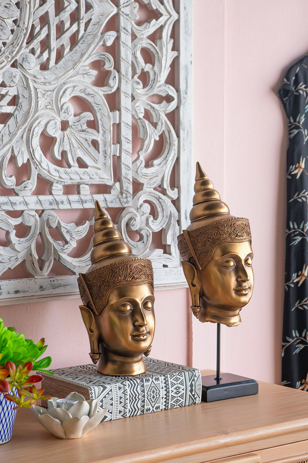 Buddha Statue Head on Stand 50cm Polyresin Decorative Accent for Home