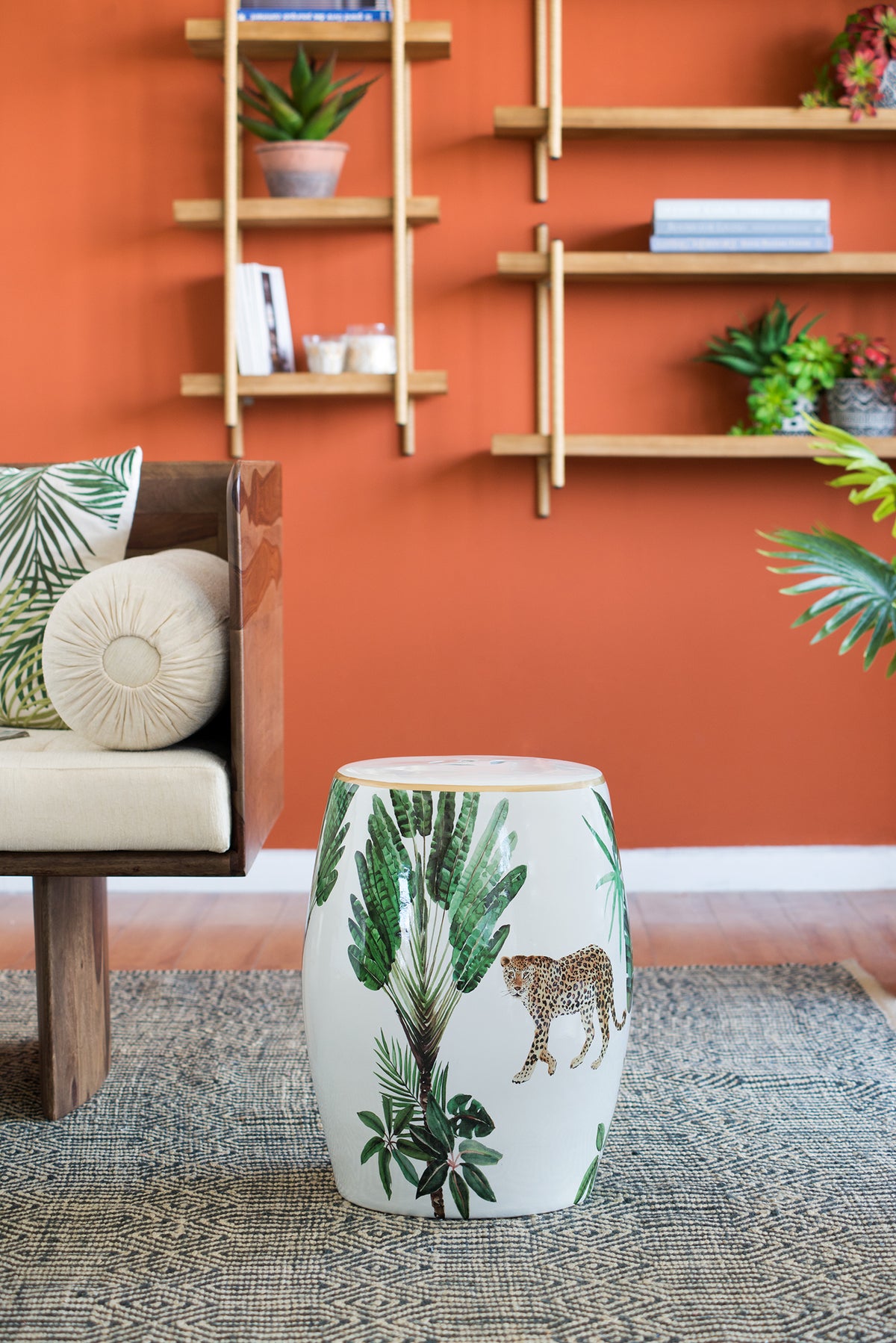 Jungle Themed Ceramic Stool 45.5cm Decorative Cheetah Print Bohemian Accent