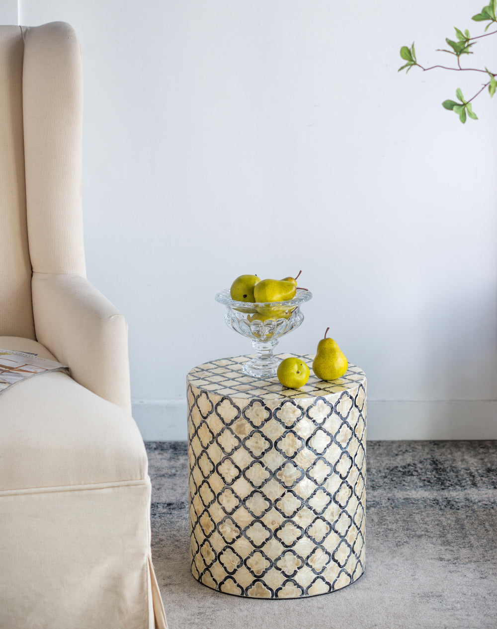 Geometric Patterned Stool 40cm Round Accent with Black- Cream Diamond Design