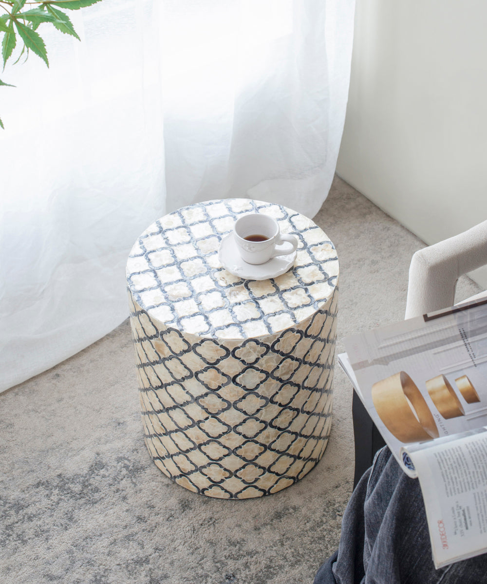 Geometric Patterned Stool 40cm Round Accent with Black- Cream Diamond Design