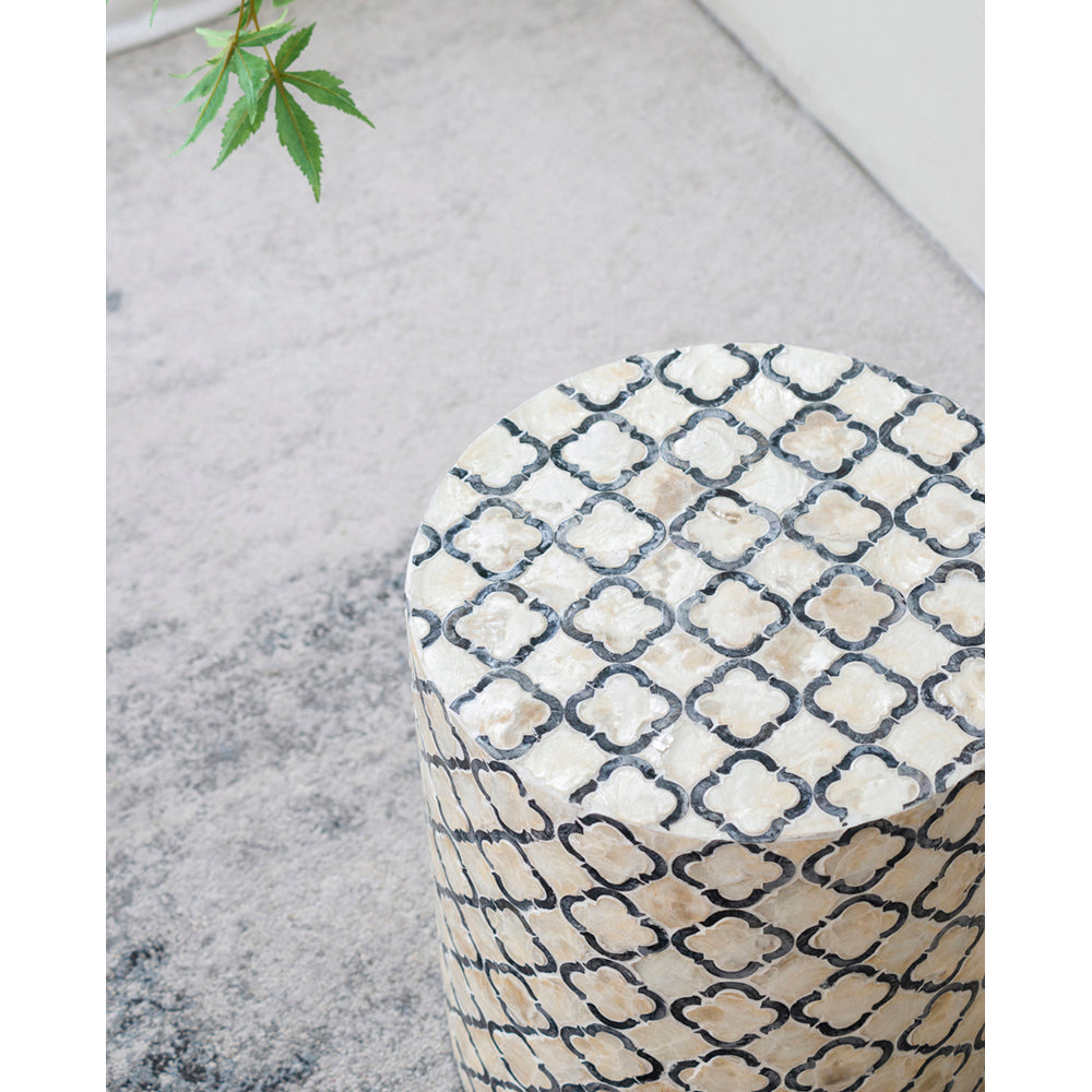Geometric Patterned Stool 40cm Round Accent with Black- Cream Diamond Design