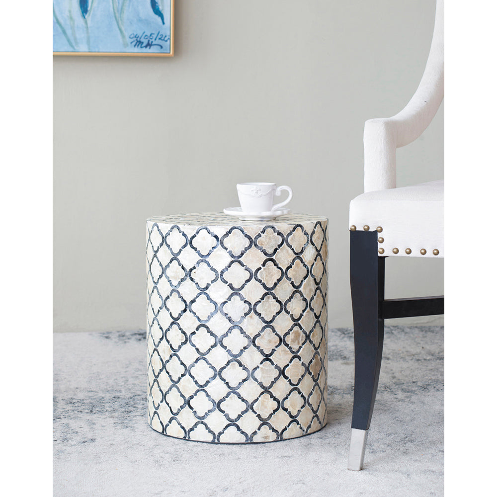 Geometric Patterned Stool 40cm Round Accent with Black- Cream Diamond Design