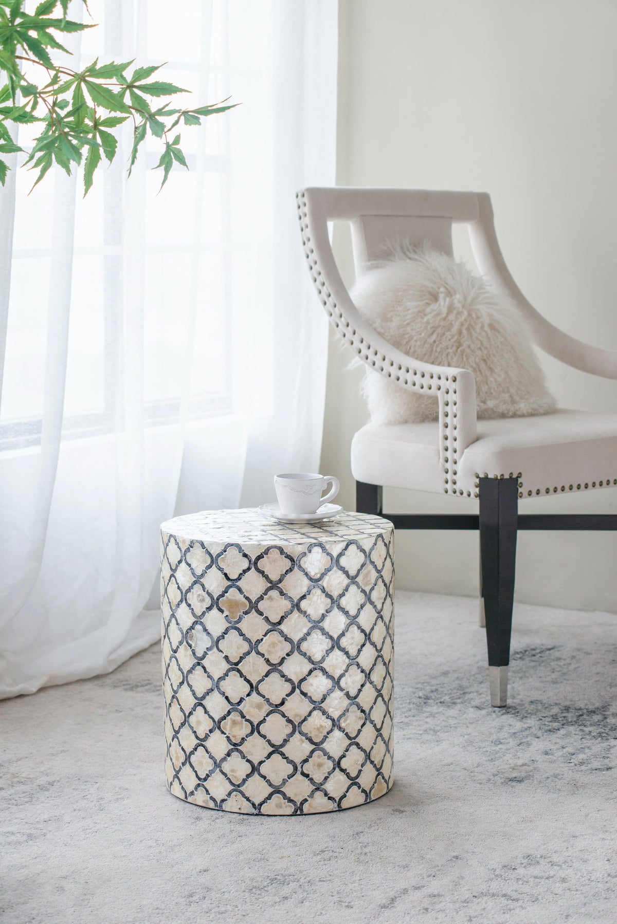 Geometric Patterned Stool 40cm Round Accent with Black- Cream Diamond Design