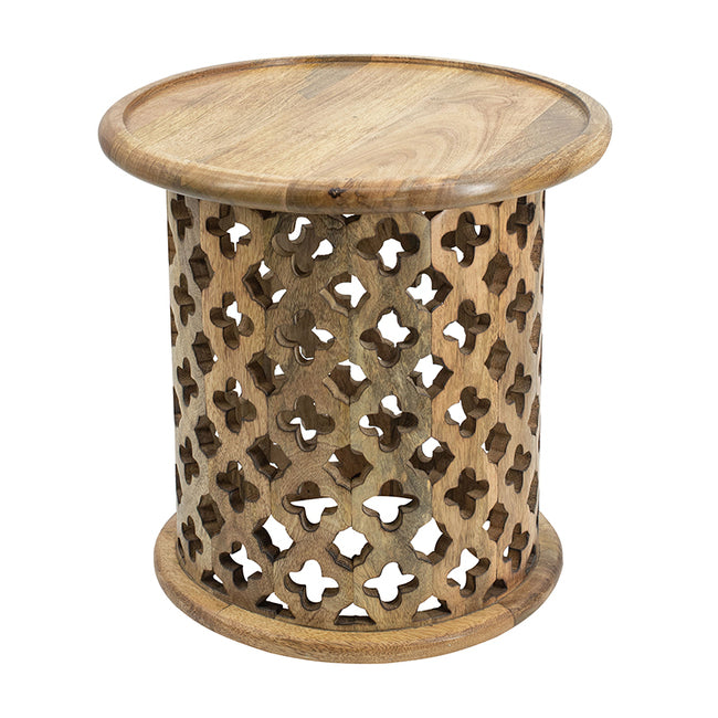 2 Piece Mango Wood Jali Side Tables Natural Burn Finish Round Accent for Living Room