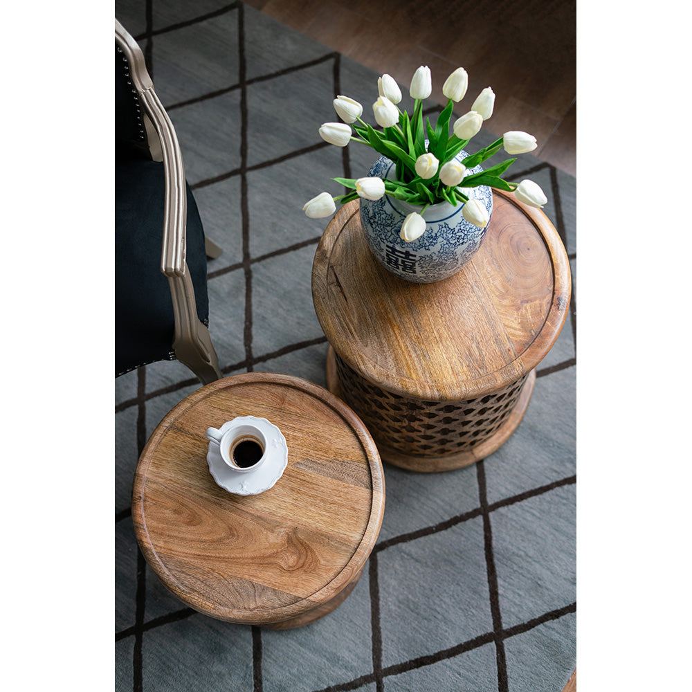 2 Piece Mango Wood Jali Side Tables Natural Burn Finish Round Accent for Living Room