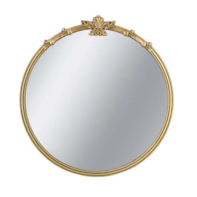 Rococo Round Mirror 76cm Antique Gold Decorative Wall Accent with Leaf Crest