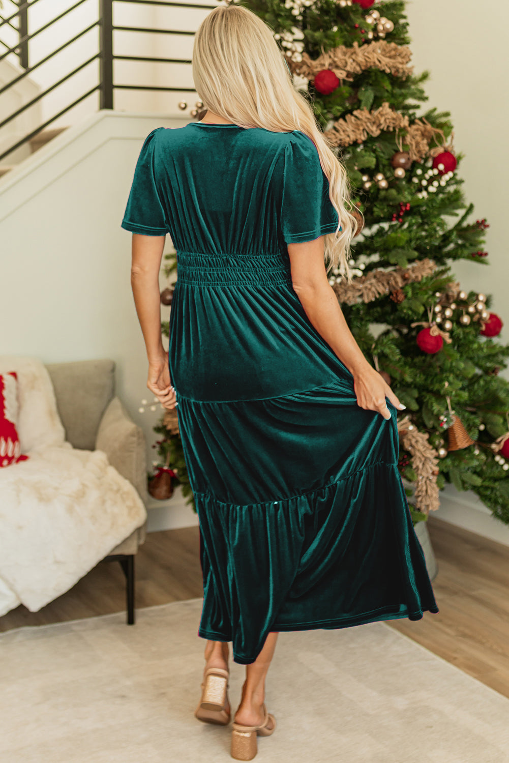 Red Dahlia Velvet Short Sleeve Shirred Waist TieredW omen’s Maxi Dress