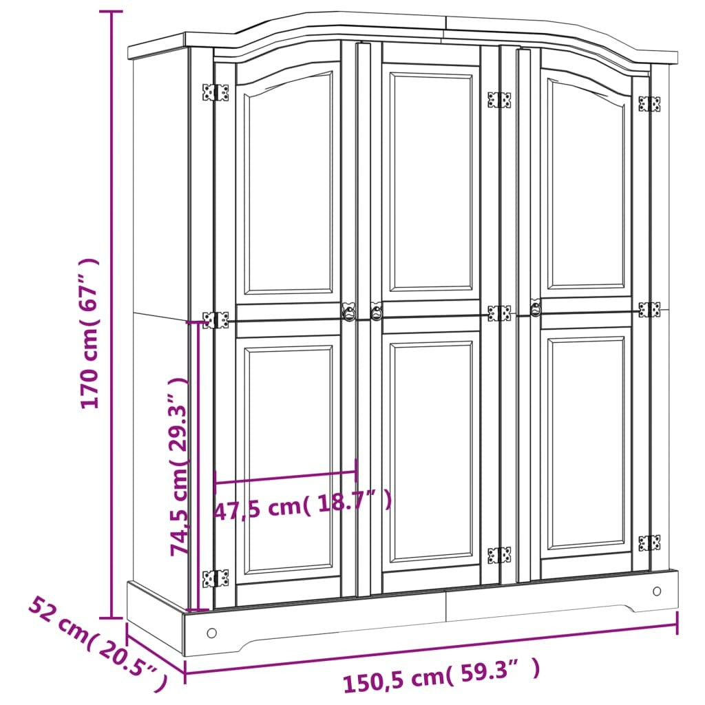 Wardrobe Corona Mexican Pine 3 Door Bedroom Closet Storage Rustic Natural