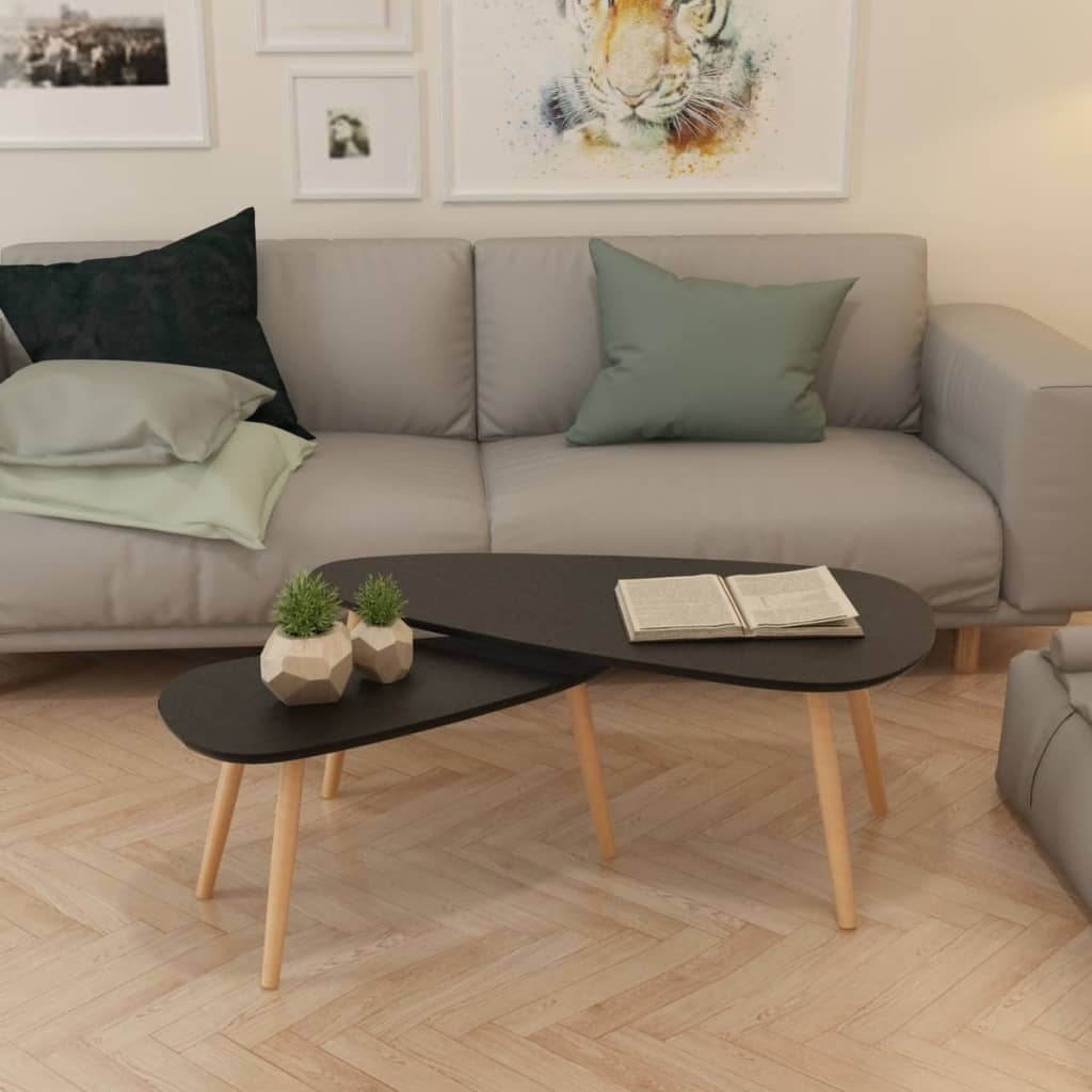 Black Solid Pinewood Coffee Table Set 2 Pieces Scandinavian Nightstand Living