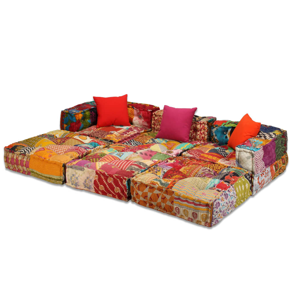 3-Seater Modular Pouffe Sofa Bed Convertible Corner Couch Patchwork Fabric