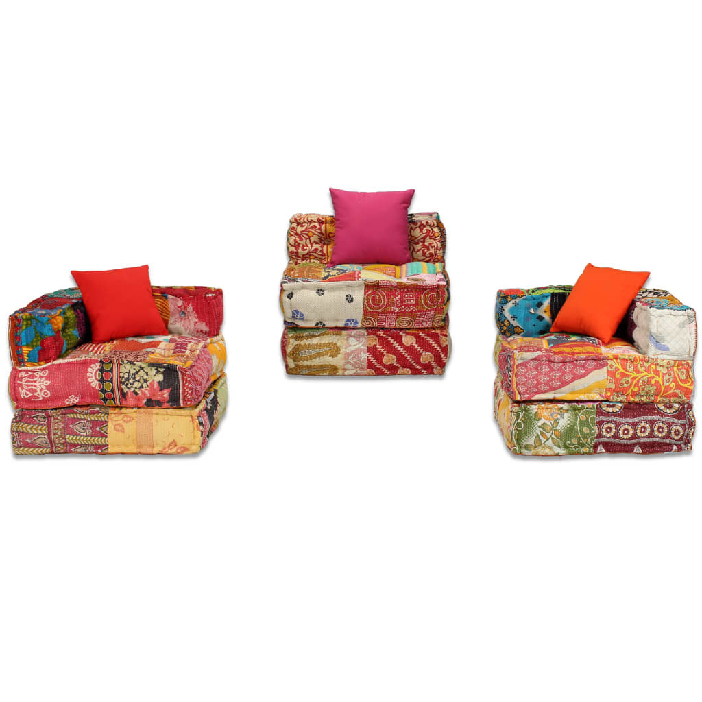 3-Seater Modular Pouffe Sofa Bed Convertible Corner Couch Patchwork Fabric