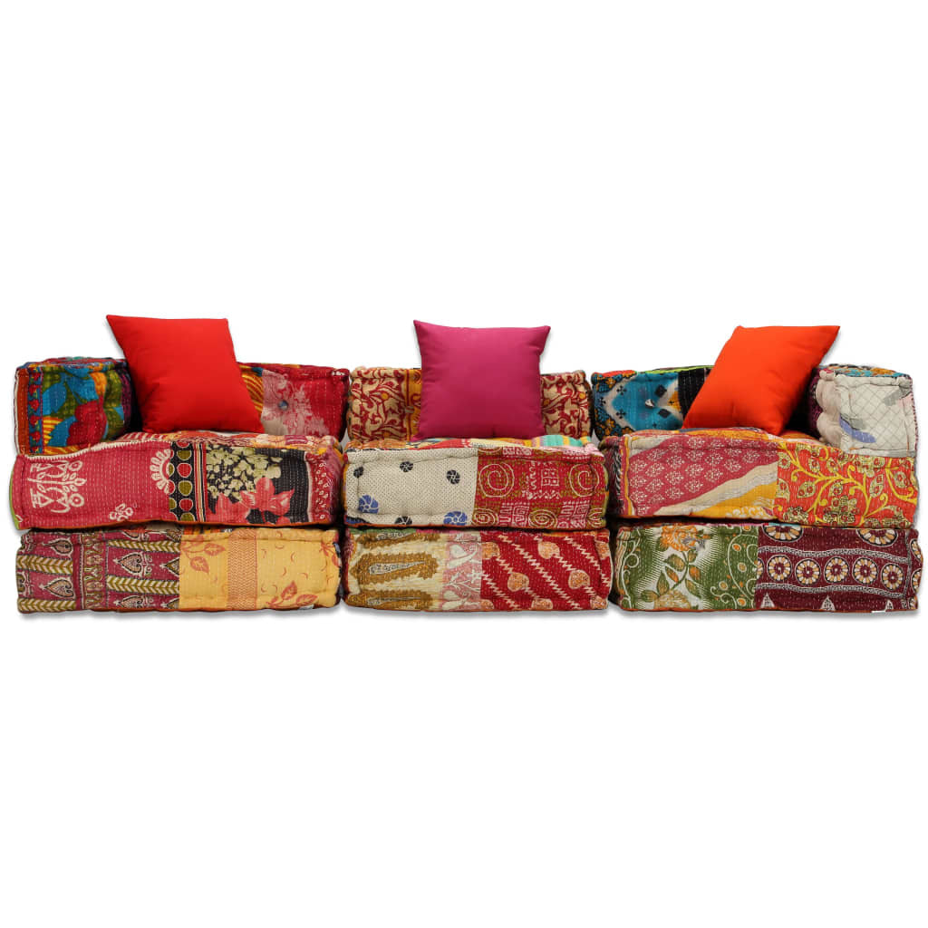 3-Seater Modular Pouffe Sofa Bed Convertible Corner Couch Patchwork Fabric