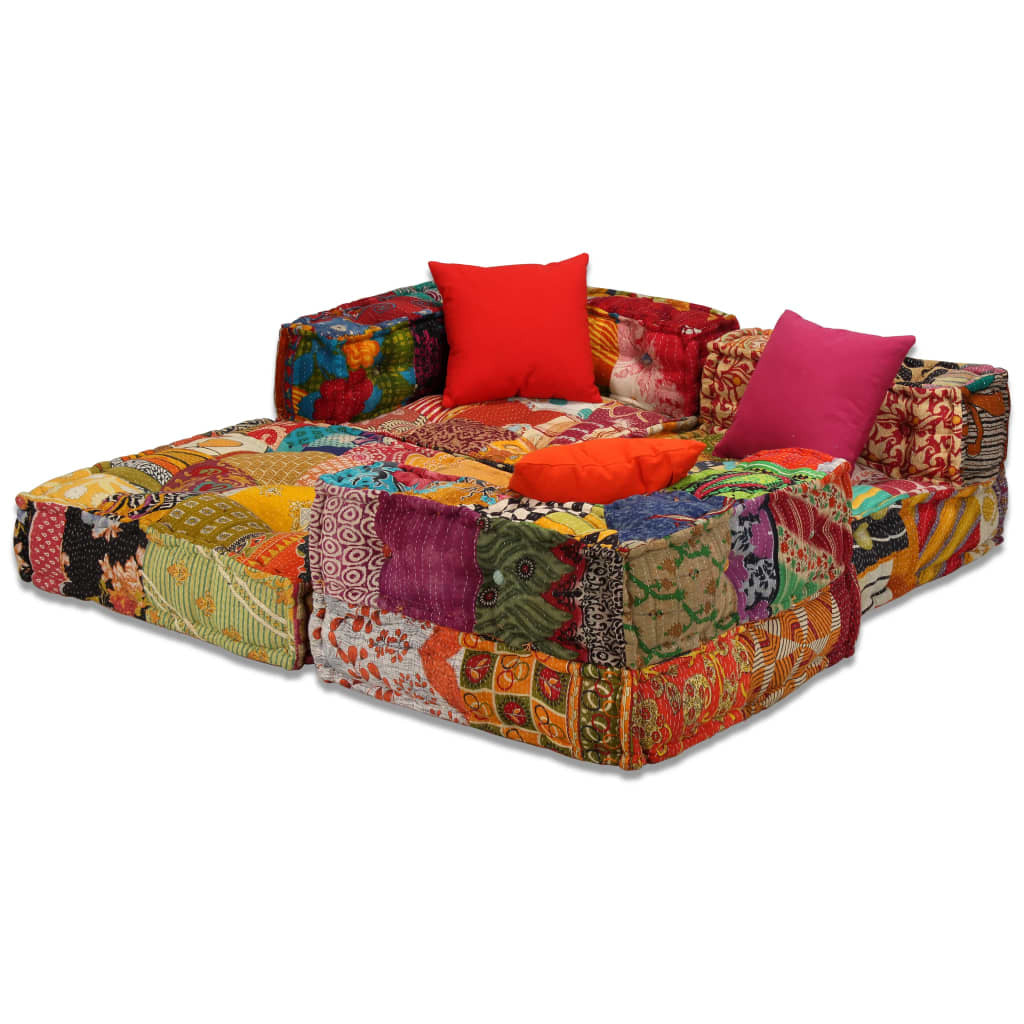 3-Seater Modular Pouffe Sofa Bed Convertible Corner Couch Patchwork Fabric