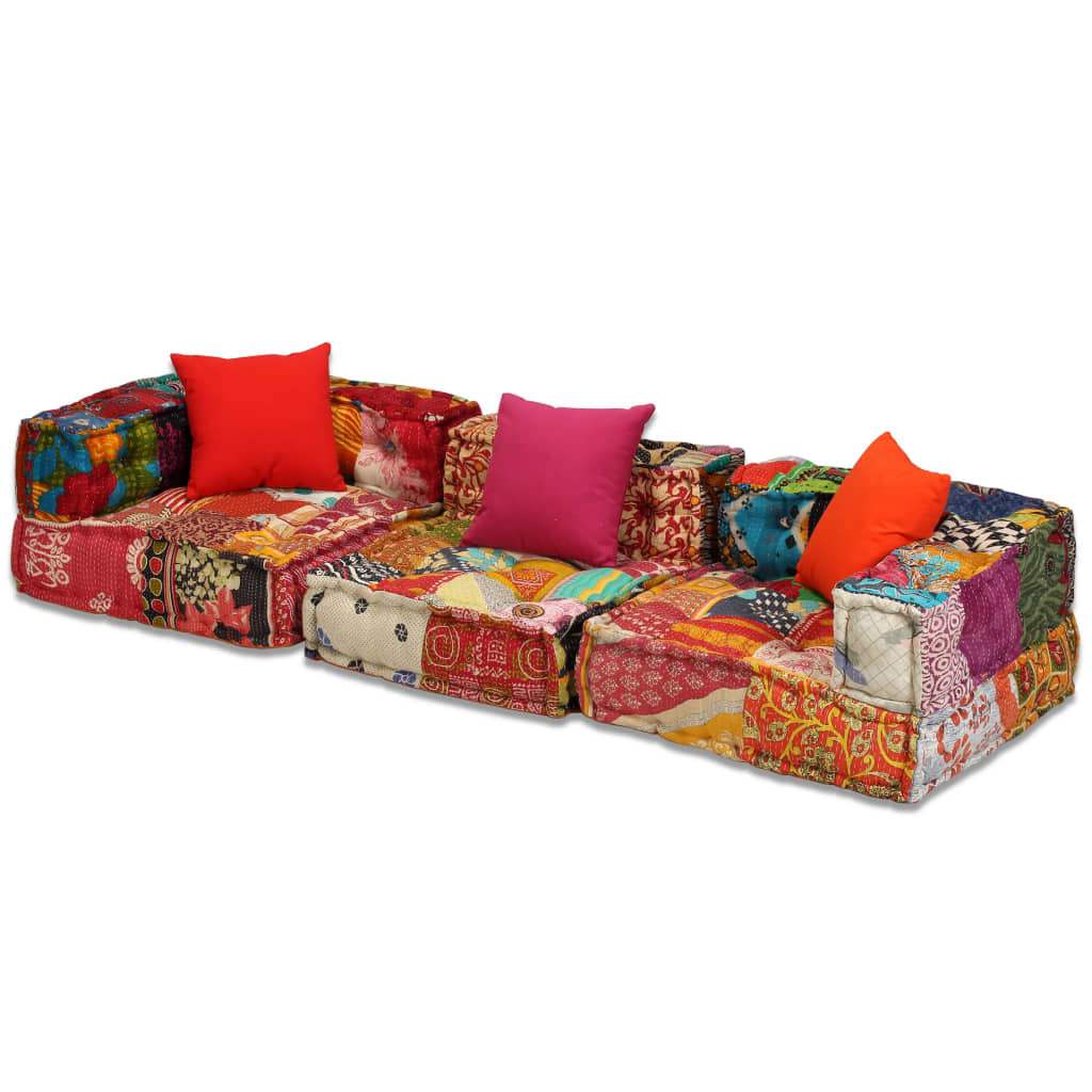 3-Seater Modular Pouffe Sofa Bed Convertible Corner Couch Patchwork Fabric