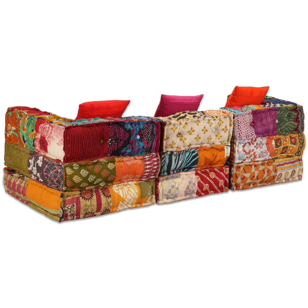 3-Seater Modular Pouffe Sofa Bed Convertible Corner Couch Patchwork Fabric
