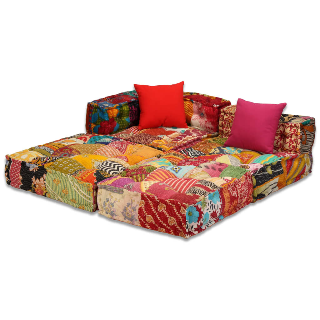 3-Seater Modular Pouffe Sofa Bed Convertible Corner Couch Patchwork Fabric