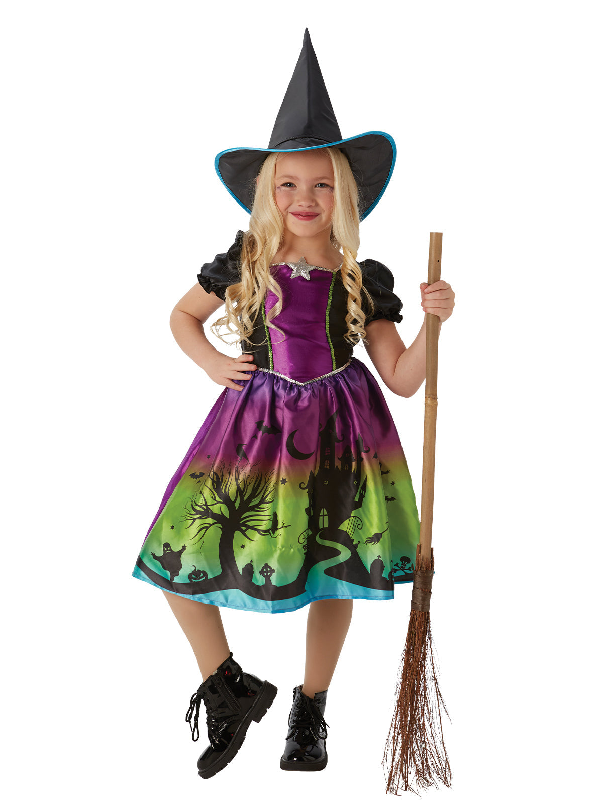 Ombre Witch Costume with Printed Dress and Hat for Halloween or Book Day