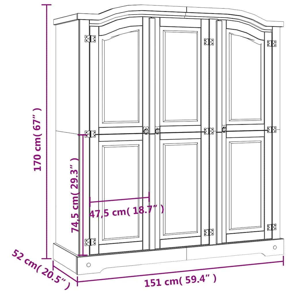 Wardrobe Corona Range 3 Door Solid Pine Bedroom Storage Closet White