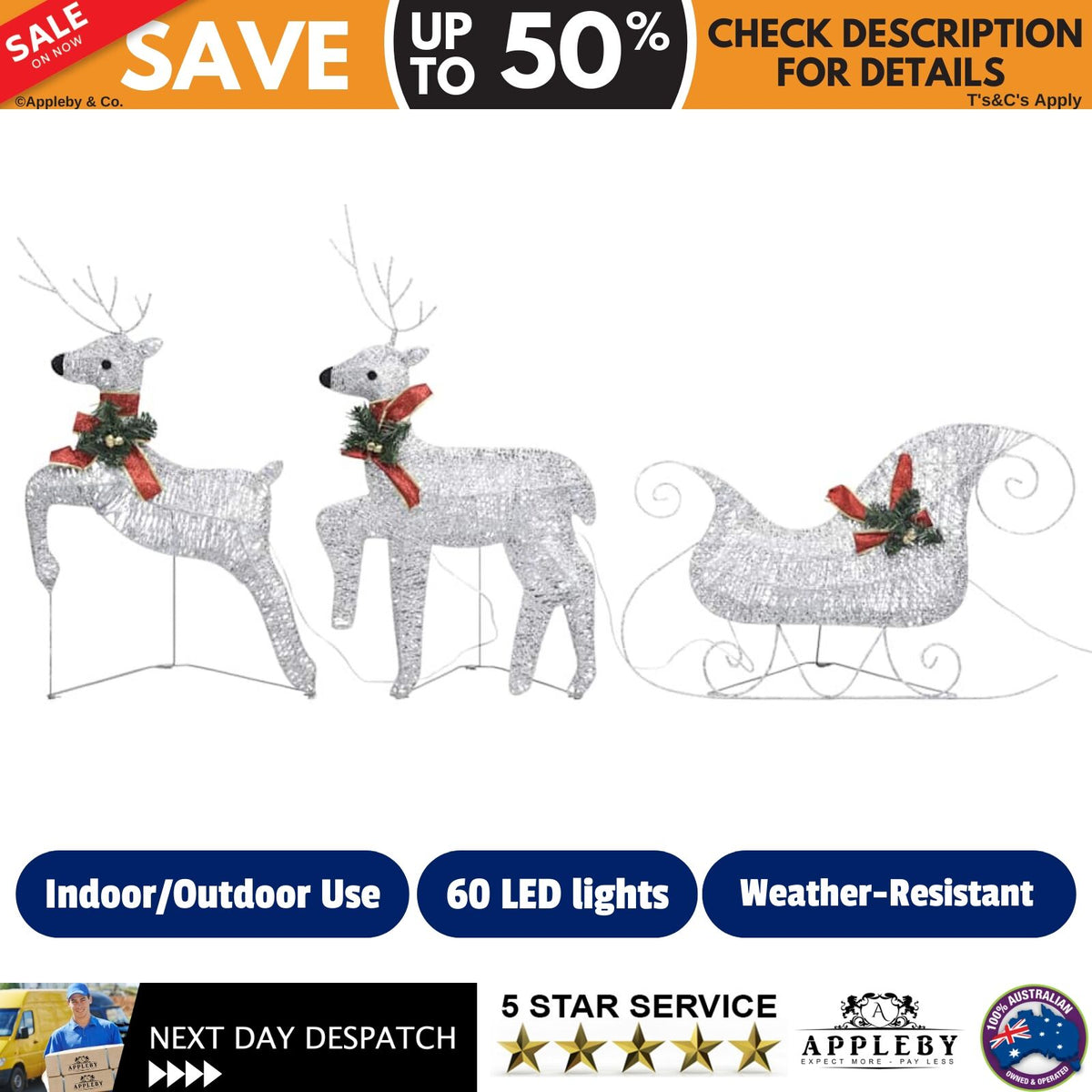 Reindeer & Sleigh Christmas Decoration 60 LEDs Outdoor Silver
