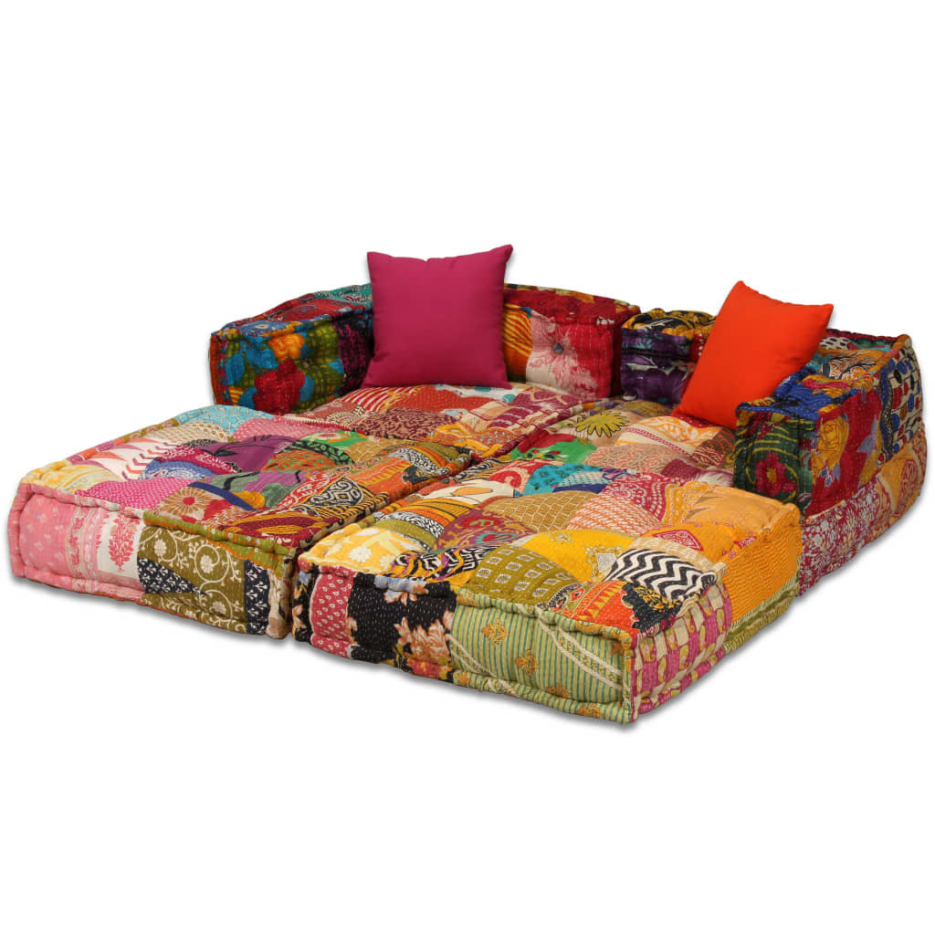 2-Seater Modular Pouffe Sofa Bed Convertible Corner Couch Patchwork Fabric