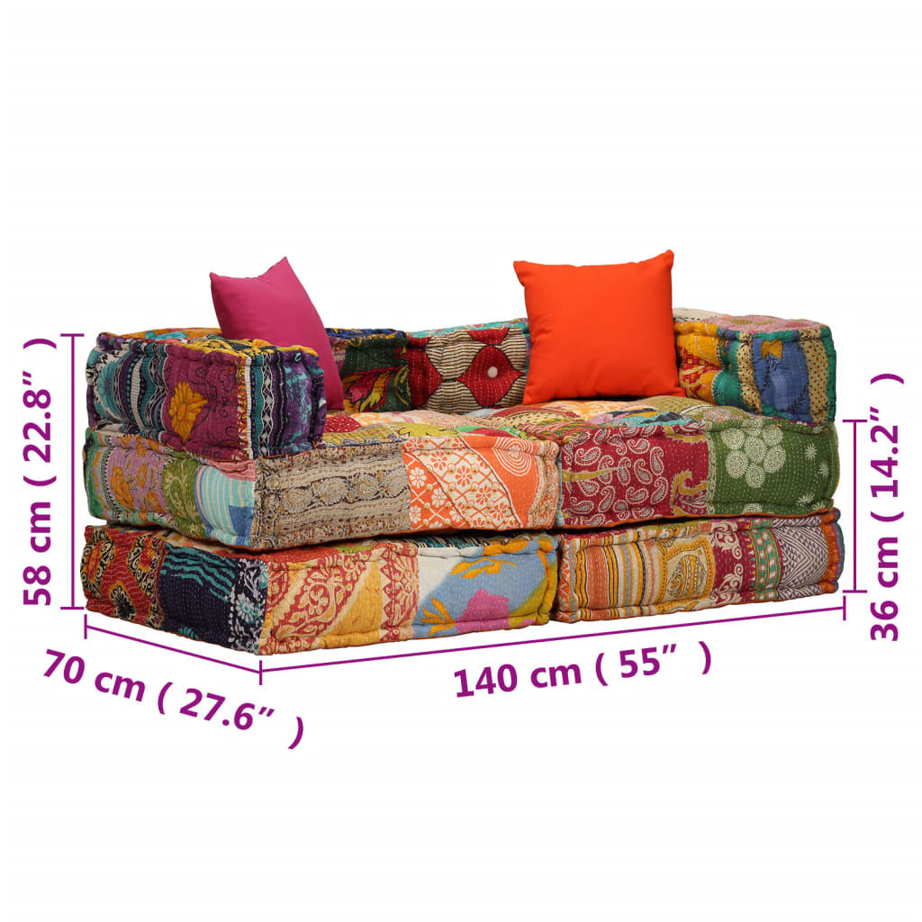 2-Seater Modular Pouffe Sofa Bed Convertible Corner Couch Patchwork Fabric
