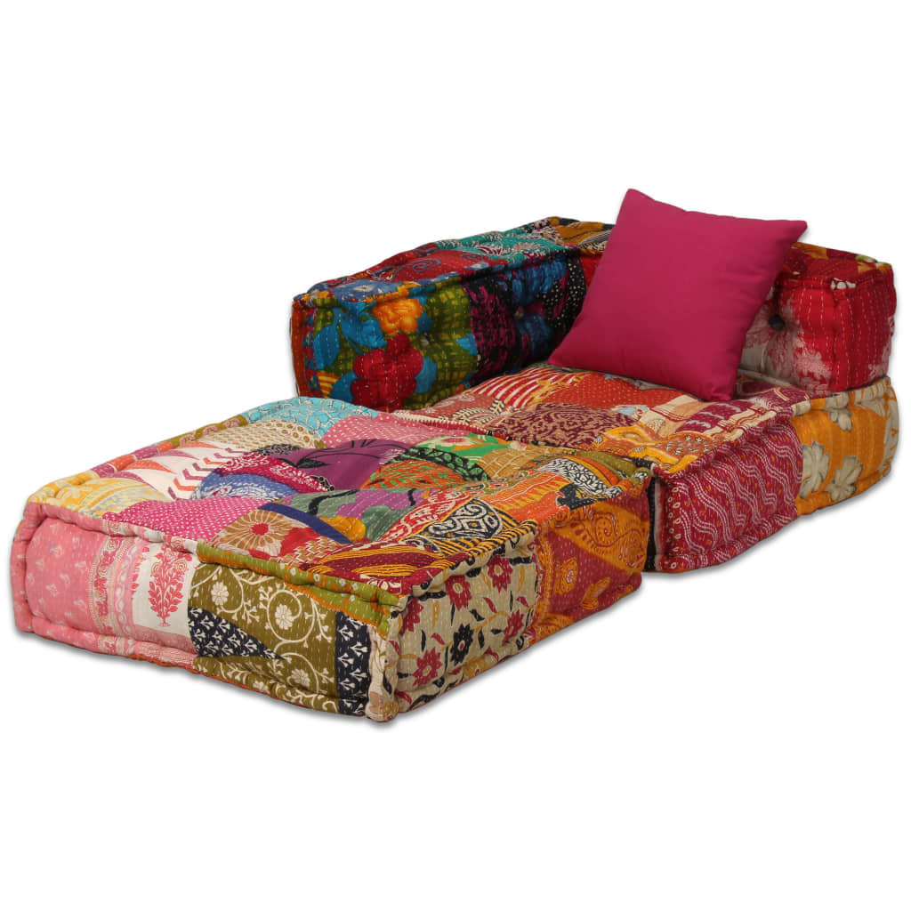 2-Seater Modular Pouffe Sofa Bed Convertible Corner Couch Patchwork Fabric