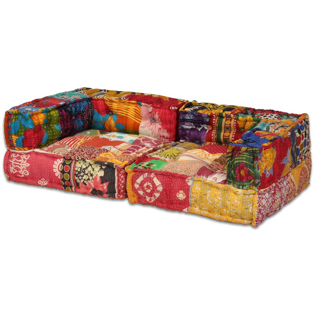 2-Seater Modular Pouffe Sofa Bed Convertible Corner Couch Patchwork Fabric