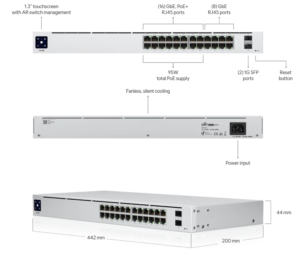 Ubiquiti UniFi 24 Port Managed Gigabit Switch with 16 PoE+ Ports 2 SFP Ports and 95W PoE