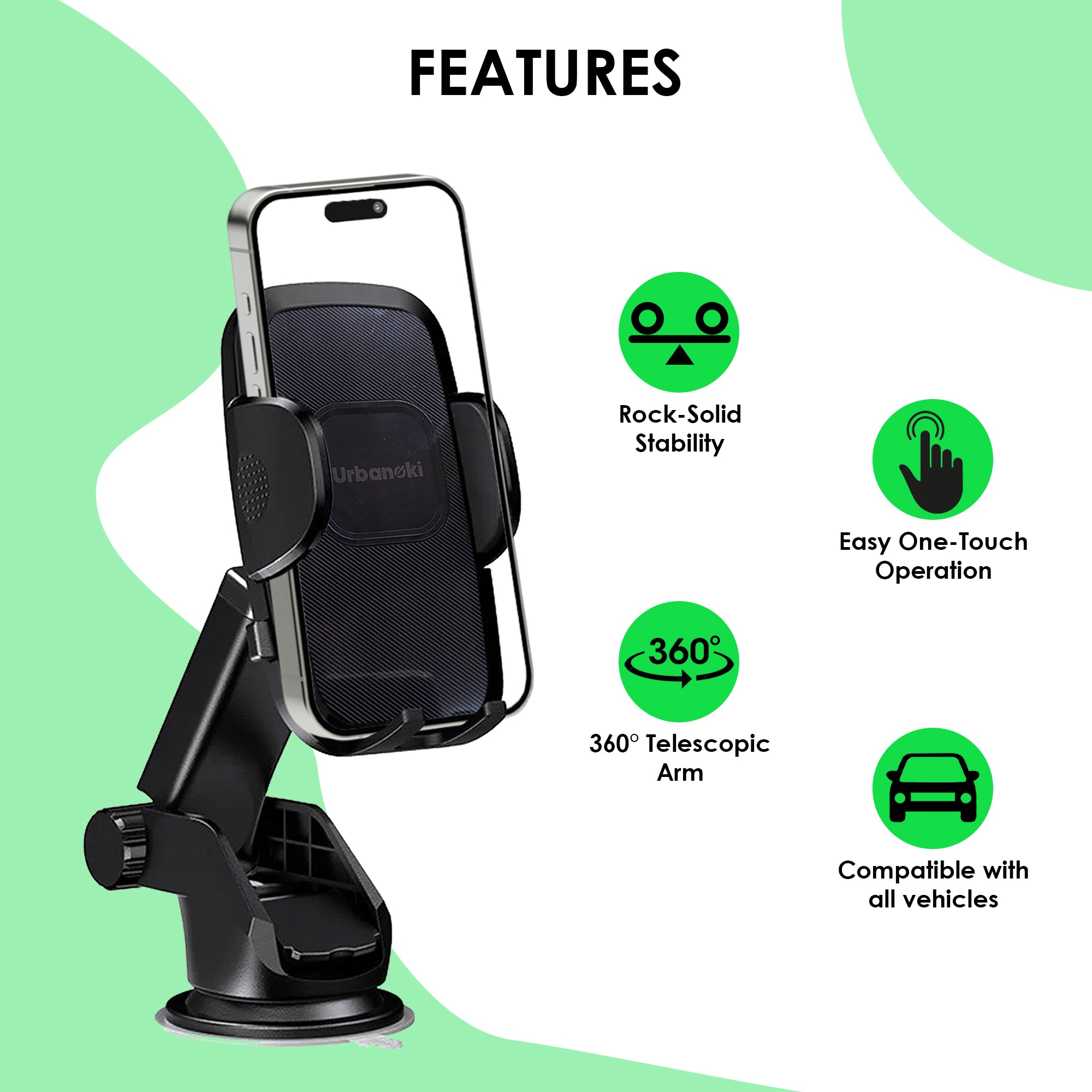 Urbanoki 4 in 1 Car Phone Holder Dashboard Windshield Vent Mount for All Phones - Black