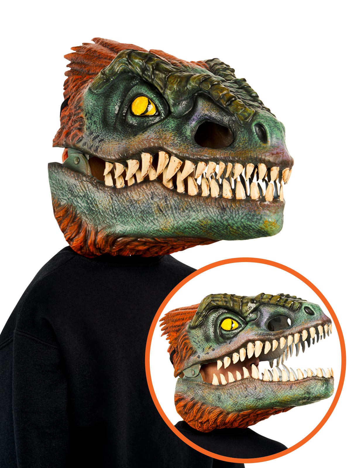 Jurassic World Dominion Pyroraptor Dinosaur Mask with Movable Jaw and 3D Feathers - Red Colour
