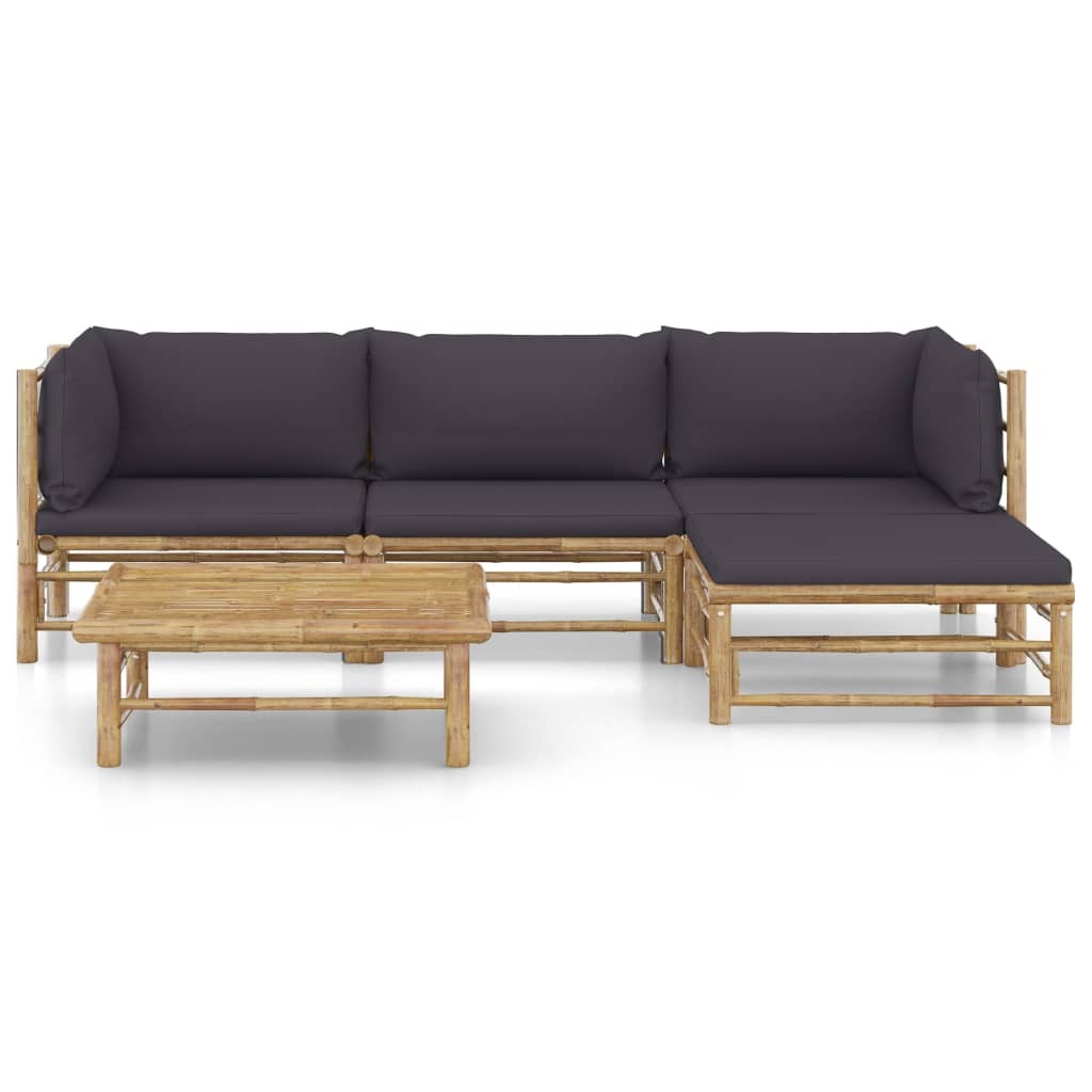 Bamboo 5 Piece Garden Outdoor Lounge Set Dark Grey Cushions