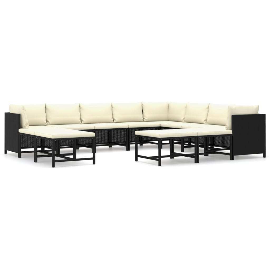 12 Piece Garden Lounge Set with Cushions Sofa Table Outdoor Poly Rattan Black