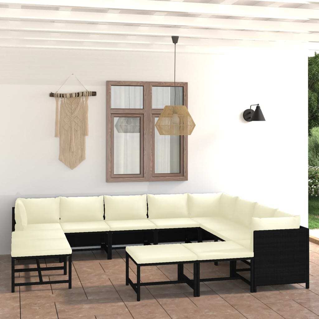 12 Piece Garden Lounge Set with Cushions Sofa Table Outdoor Poly Rattan Black