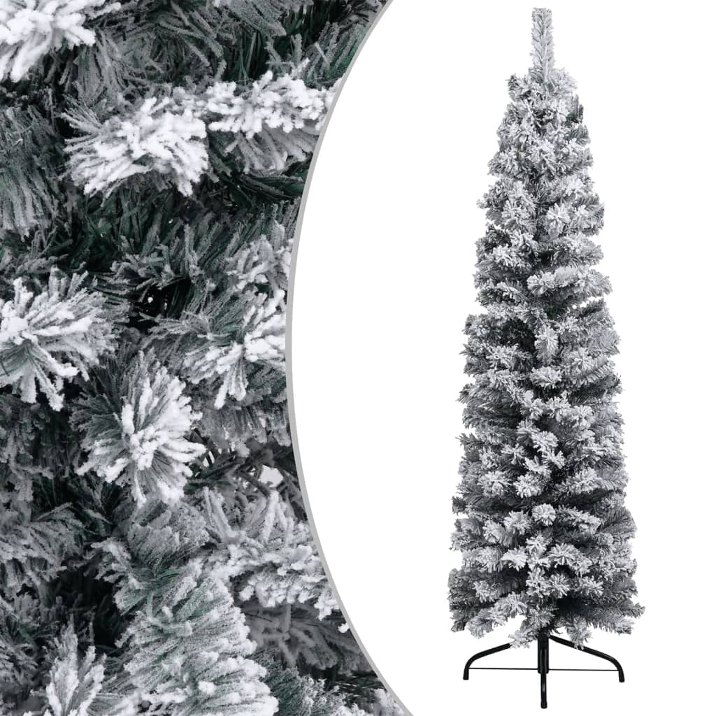 Slim Pre-Lit Christmas Tree 120cm Flocked Snow LED Lights Stand PVC Green