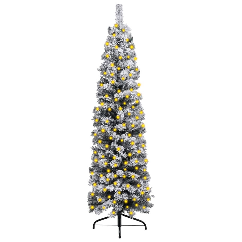 Slim Pre-Lit Christmas Tree 120cm Flocked Snow LED Lights Stand PVC Green