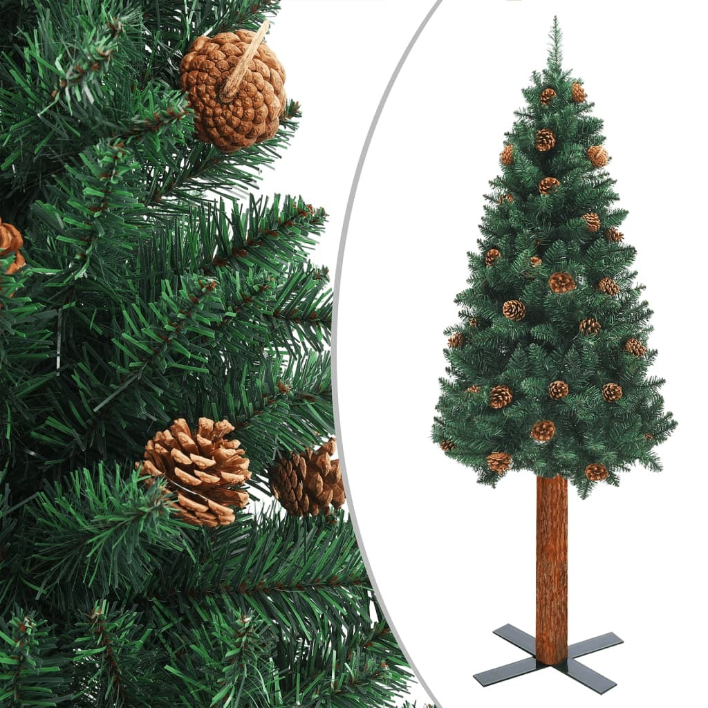 Slim Pre-lit Christmas Tree with Real Wood&Cones Green 150 cm