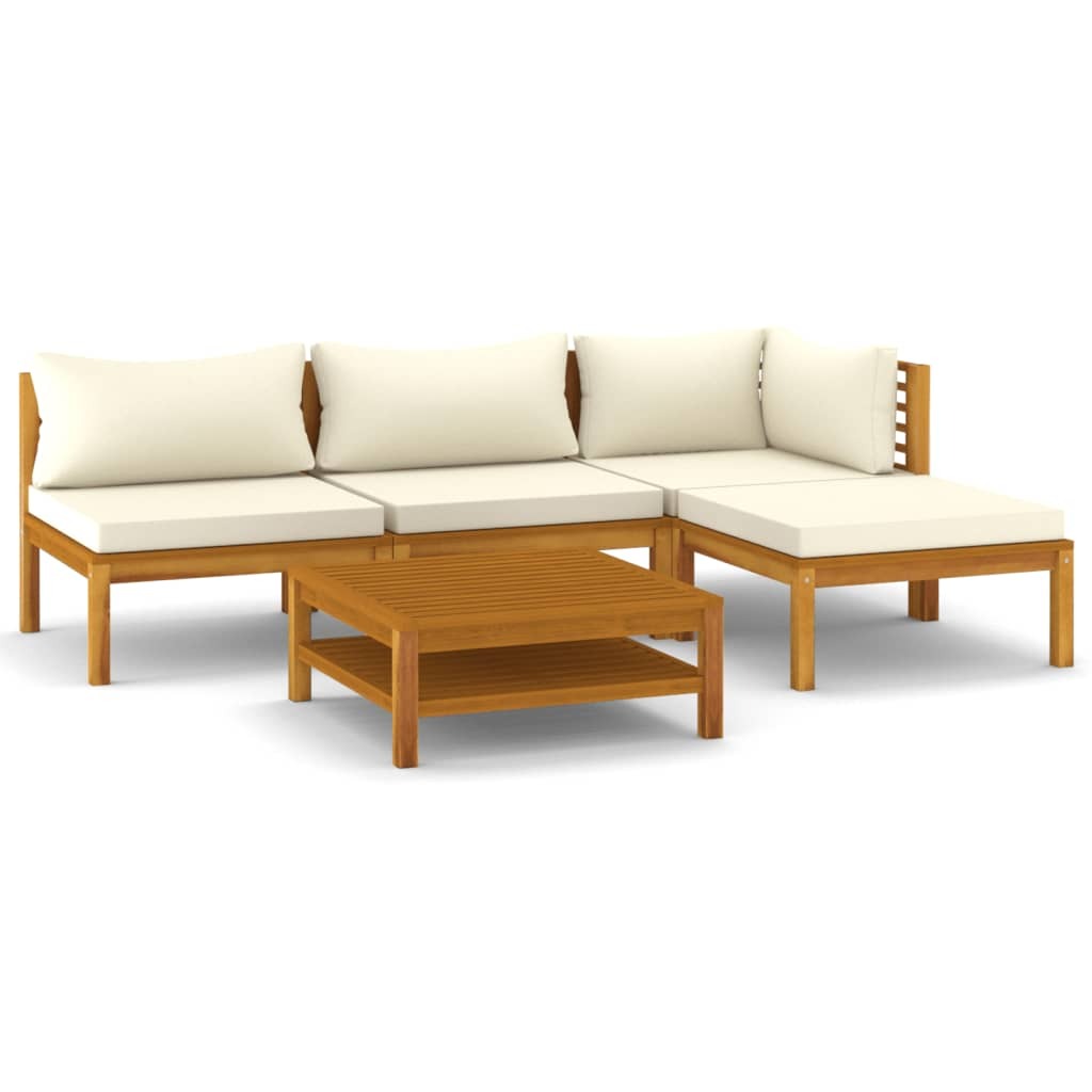 5 Piece Garden Lounge Set with Cream Cushion Solid Acacia Wood