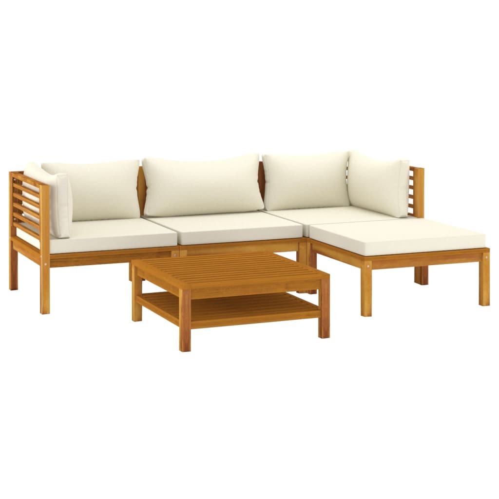 5 Piece Garden Lounge Set with Cream Cushion Solid Acacia Wood