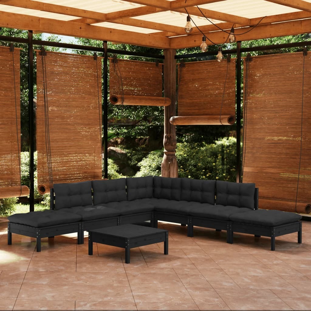8 Piece Garden Lounge Set with Cushions Sofa Outdoor Solid Pinewood Black