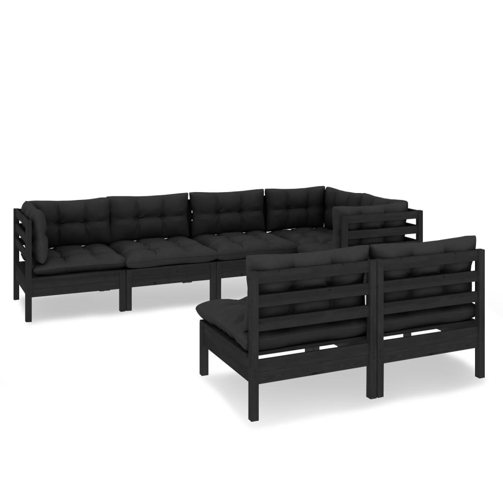 7 Piece Garden Lounge Set with Cushions Black Solid Pinewood