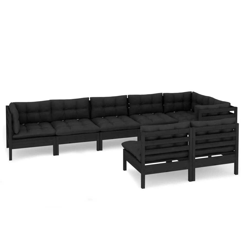 8 Piece Garden Lounge Set with Cushions Black Solid Pinewood